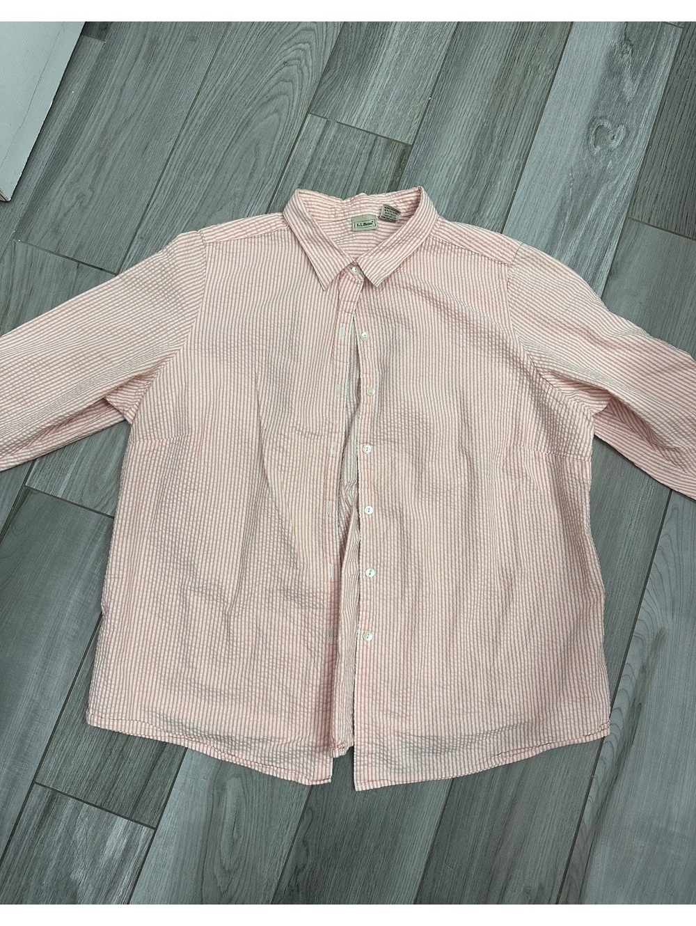 L.L.Bean Women's Pink and White Striped Button-Up Shirt, Size 1X
